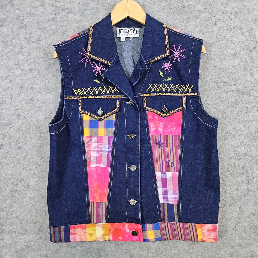 Faith by Celia Forrester Vest Womens Size M Stretchy Denim Patchwork Beaded FLAW
